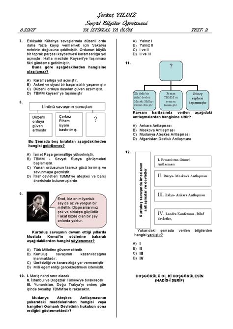 Sinif Inkilap Tarihi Unite Ya Istiklal Ya Olum Testi Ders Kitab