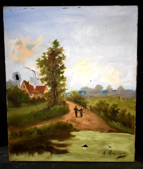 Tableau Ancien Huile Paysage Anim Personnages Sign Xix Me Eur