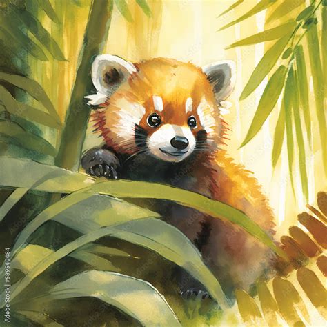 An adorable baby red panda playing in a lush bamboo forest. Created ...