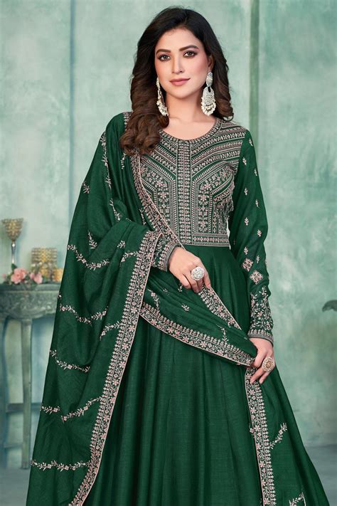 Buy Dark Green Silk Embroidered Anarkali Dress Online Like A Diva