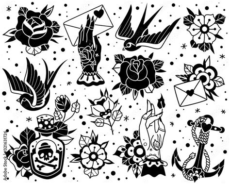 Download Old school traditional tattoo black white set Stock Vector a… | Traditional tattoo ...