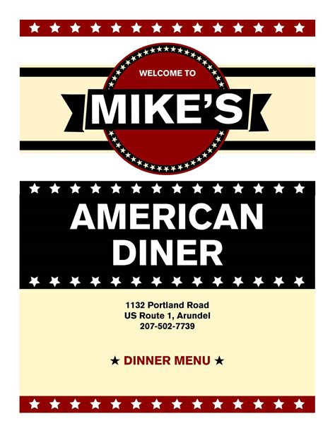 Menu at Mike's American Diner restaurant, Arundel