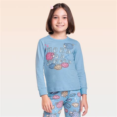 Conjunto pijama blusa manga longa e calça em meia malha FAKINI O