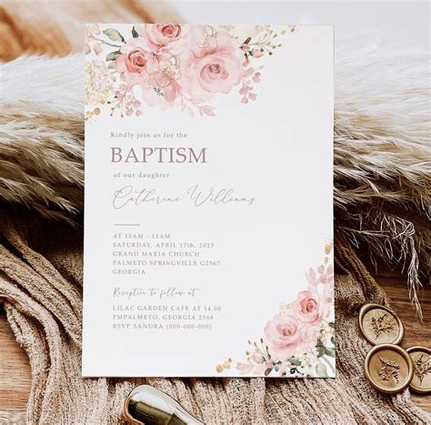 Editable Girl Baptism Invitation Template Dusky Pink Rose Flowers Baptism Invite Girl