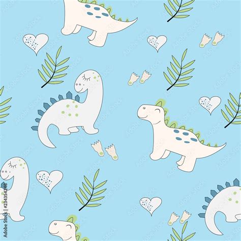 Cute baby dinosaur seamless pattern on the light blue background. Baby cloth design, wallpaper ...