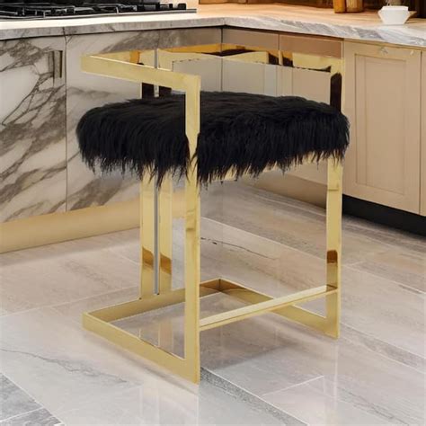 Benjara In Gold And Black Low Back Metal Frame Bar Stool With