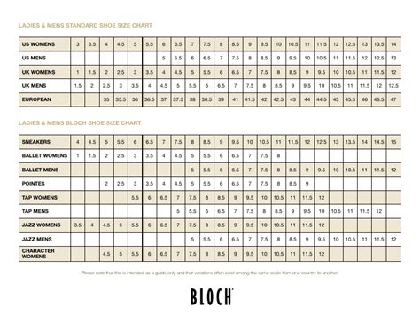 Ladies And Mens Ballet Shoe Size Chart Bloch Download Printable Pdf