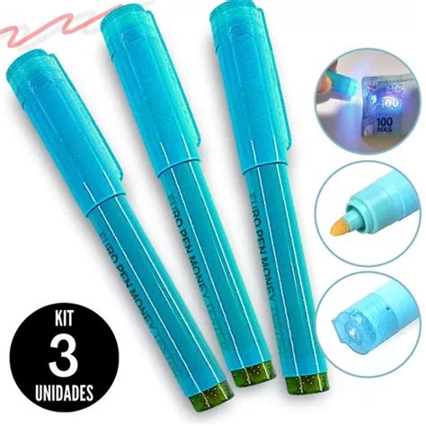 Kit Caneta Testa Dinheiro Detecta Notas C Dula Falsa Luz Uv Cor Azul