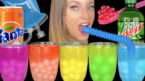 ASMR SODA DRINK TASTING POPPING BOBA CRUSH FANTA MOUNTAIN DEW