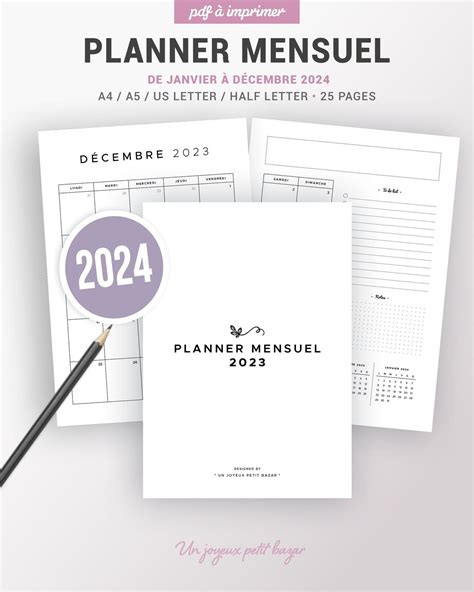 Printable Monthly Calendar Insert Planner In French Etsy