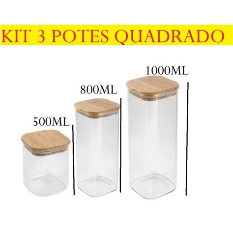 Kit 3 Potes Acrílico Tampa Quadrado Plástico 800ml 500ml 1000ml