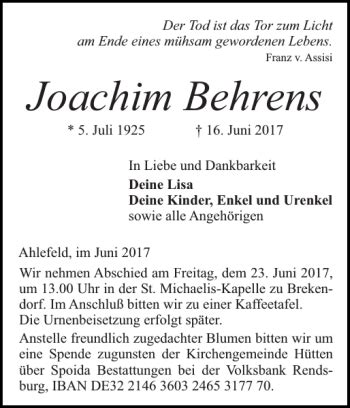 Traueranzeigen Von Joachim Behrens Sh Z Trauer