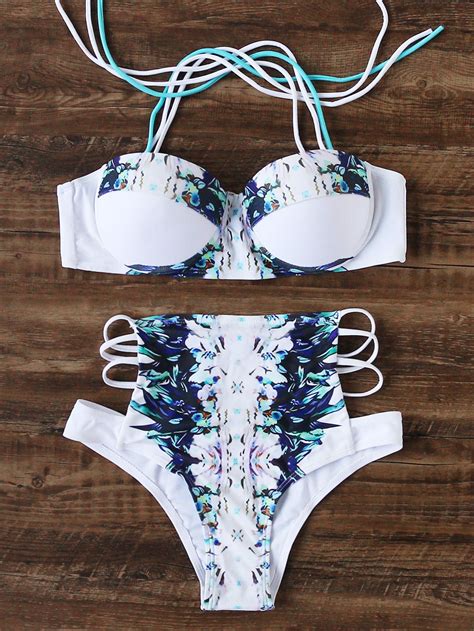 White Flower Print Ladder Cutout High Waist Bikini Set Bikini Set