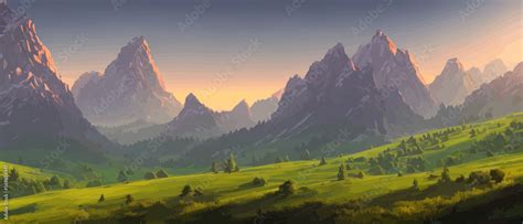 Panoramic view of big mountains, beautiful green meadows. Flat cartoon ...