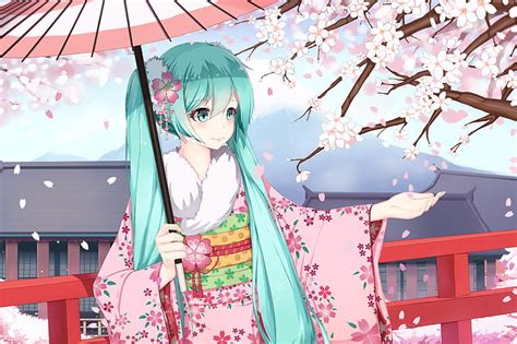 少女、 笑顔、 傘、 アニメ、 花びら、 さくら、 アート、 着物、 ボーカロイド、 初音ミク、 シュガーサウンド、 Hdデスクトップの壁紙