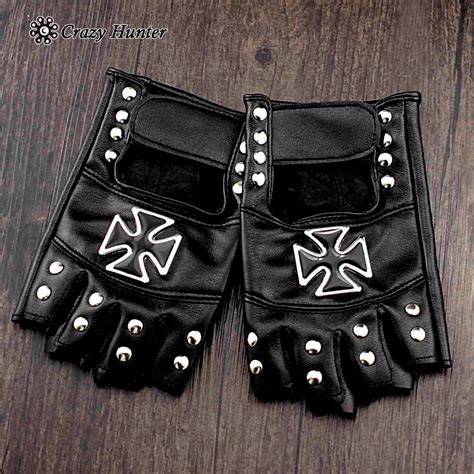 Cross Studded Punk Rock Biker Womens Fingerless Leather Gloves 3031