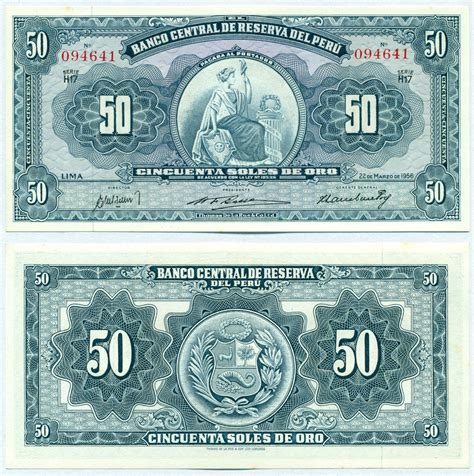 PERU NOTE 50 SOLES DE ORO 22 03 1956 SERIE H17 P 78 UNC Numismatica