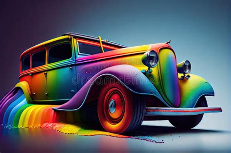 A Rainbow Paint Job on a Vintage Car, with Streaks of Bright Color Running Down the Sides and ...