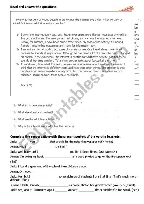 Present Perfect Tense Esl Reading Comprehension Worksheet In Hot Sex Picture