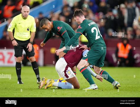 Aston Villas Leon Bailey Centre Battles With Liverpools Thiago