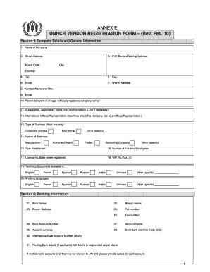 Fillable Online Unhcrpk ANNEX E UNHCR VENDOR REGISTRATION FORM Rev