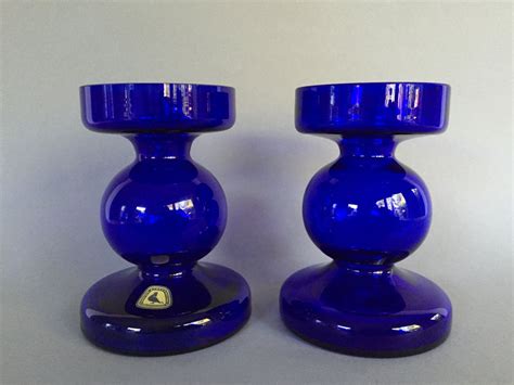 Alfred Taube Blue Hooped Cased Art Glass Set Of 2 Vintage Etsy Uk Vintage Vases Candle