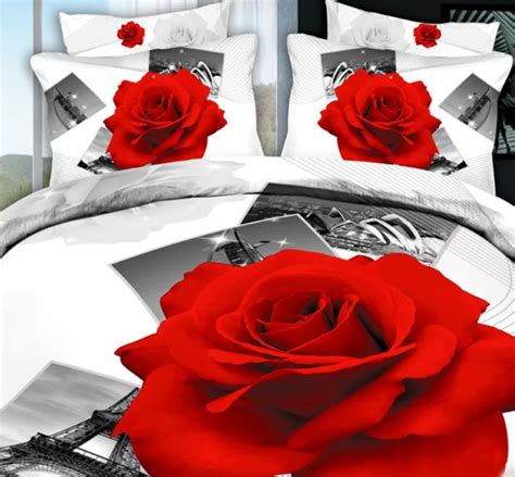 3D Eiffel Tower Red Rose Bedding Set Paris Flower Duvet Cover Fitted