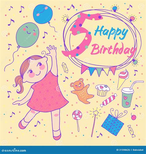 Anniversaire De La Petite Fille Ans Carte De Voeux Illustration De