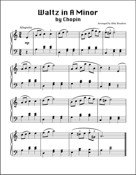 SIMPLIFIED Waltz in A Minor by Chopin Easy Piano Sheet Music Printable ...