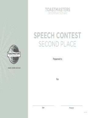 Fillable Online Toastmasters SECOND PLACE Toastmasters International