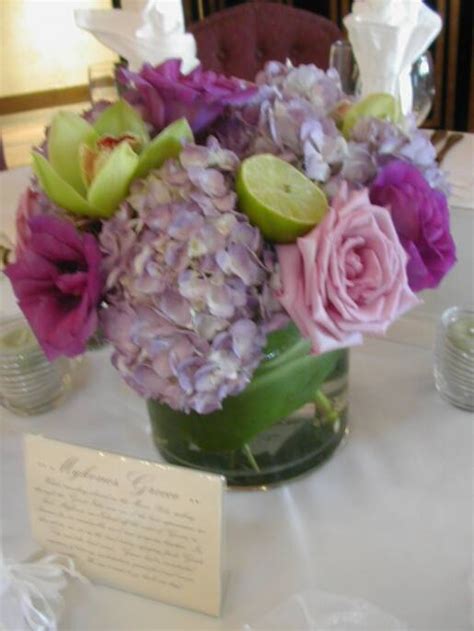 Love The Purple Hydrangeas Lisianthus And Roses Not So Much The Lime Purple Centerpieces