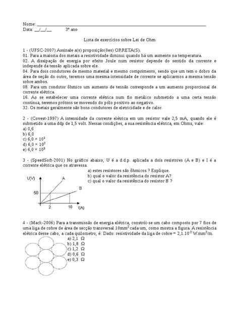 Lista de Exercicios Sobre Lei de Ohm | Resistência Elétrica e ...