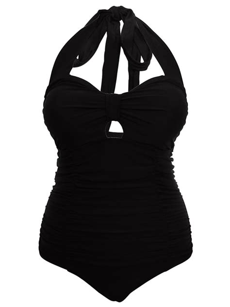 Ladies Womens Plus Size Swimwear Black Halterneck Multiway Tummy