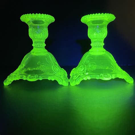 Uranium Vaseline Depression Glass Candlestick Candle Holders Glow Glowy Mcm Vintage