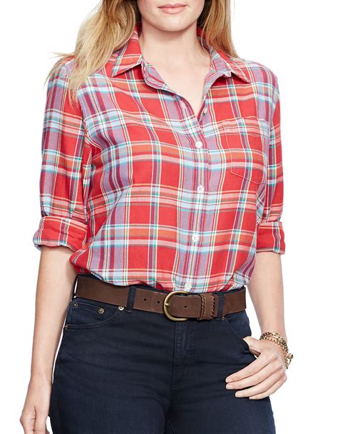 Lauren By Ralph Lauren Plus Plaid Cotton Shirt In Red Lyst