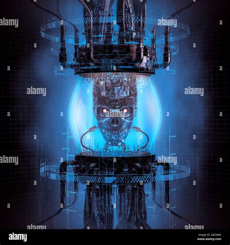 Dark Digital Thinking Machine 3d Illustration Of Science Fiction Scene Showing Metal Robot