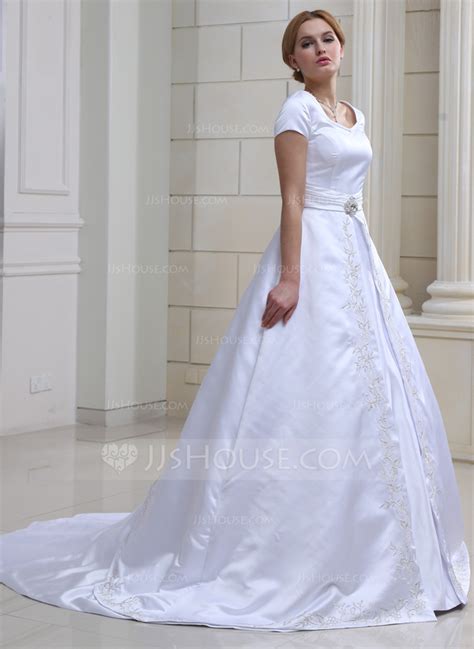 Ball Gown V Neck Chapel Train Satin Wedding Dress With Embroidered