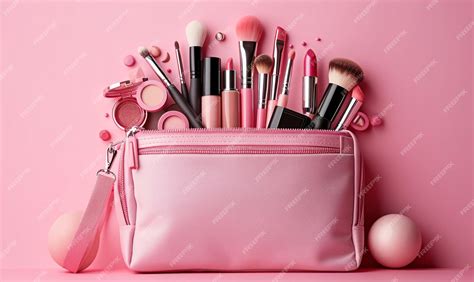 Premium Photo Pink Makeup Bag With Cosmetic Beauty Products Spilling Out On To A Pastel