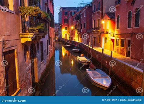 Venice at Night. Boats in Canal Street Houses in Water. Venice ...