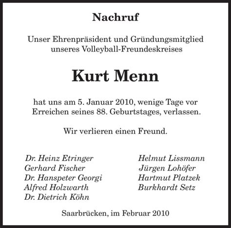 Traueranzeigen Von Kurt Menn Saarbruecker Zeitung Trauer De