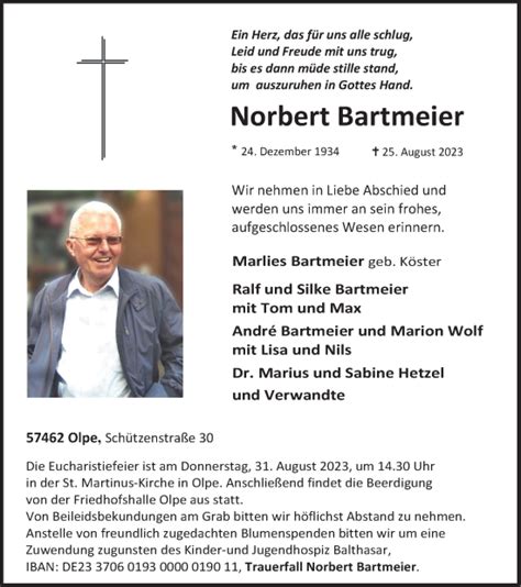 Traueranzeigen Von Norbert Bartmeier Trauer In Nrw De