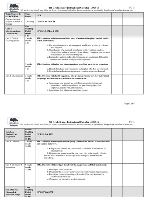 2015 5th Grade Science Instructional Calendar Pdf Electricity Earth