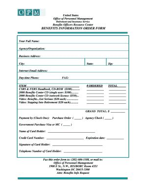 Fillable Online Opm BENEFITS INFORMATION ORDER FORM Office Of