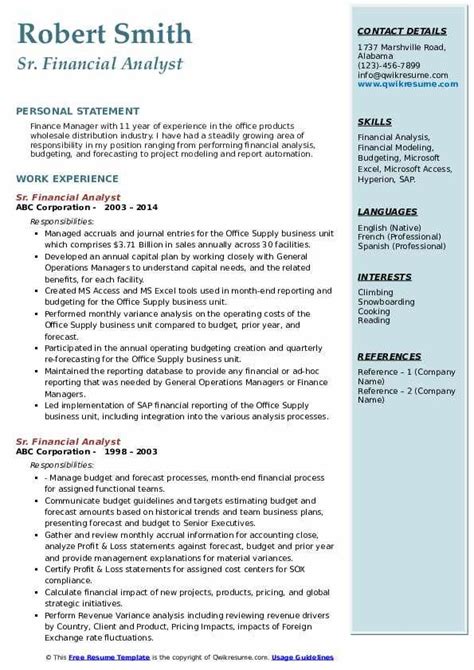 Sr. Financial Analyst Resume Samples | Financial analyst, Analyst ...