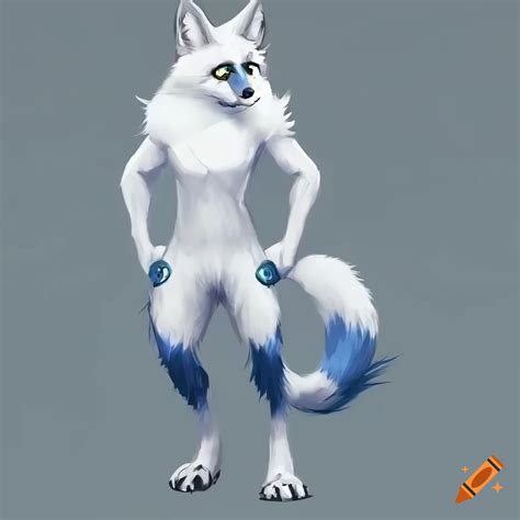 Anthropomorphic White Wolf With Fennec Fox Ears And Blue Eyes In