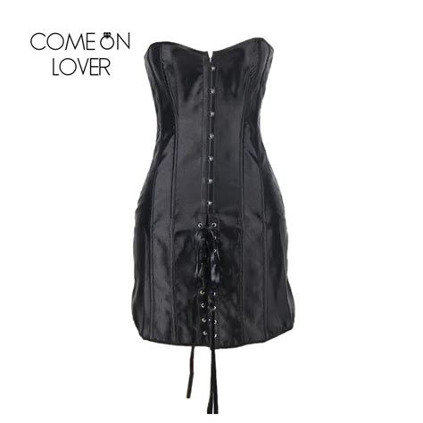 Comeonlover Black Satin Long Corset Lace Up Bandage Steampunk Womens