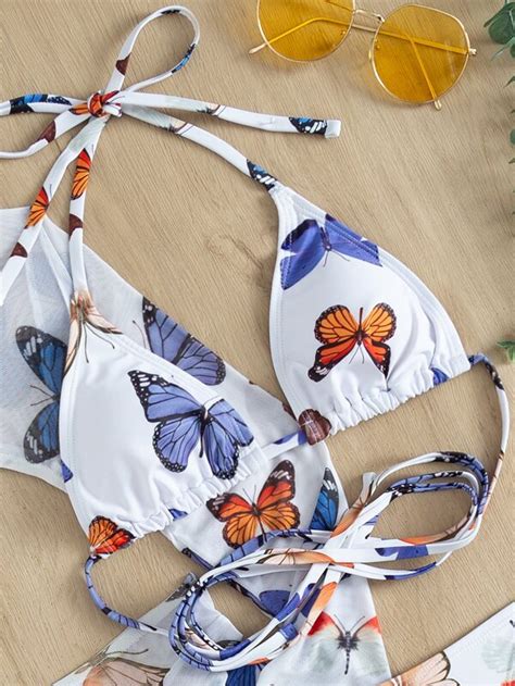 Piezas Con Estampado De Mariposa Con Cord N Ba Ador Bikini Top De