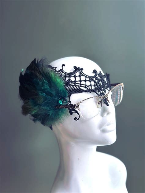 Green Masquerade Mask For Eyeglass Wearers Green Feather Mask Eyeglass Masks Adult Size Etsy