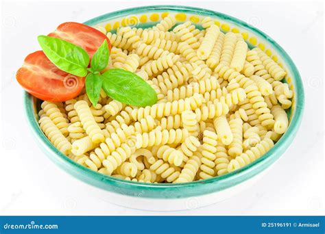 Bowl Of Fusilli Pasta With Tomatoes And Basil Stock Image Image Of