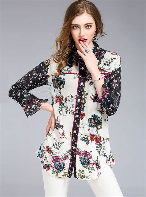 Floral Print Falbala Turn Down Collar Blouse Collar Blouse